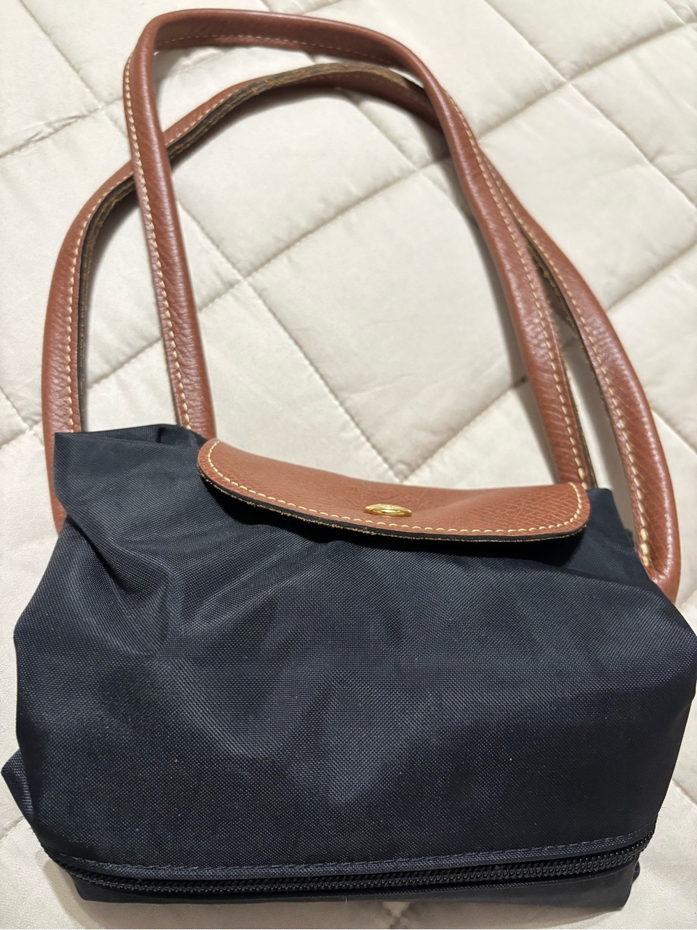 Authentic Longchamp  Expandable Black Shoulder Bag with Brown Trim